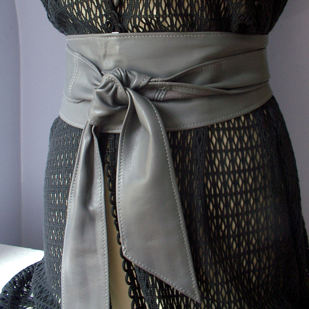 Grey Leather Obi Belt – Handmade Wrap Belt