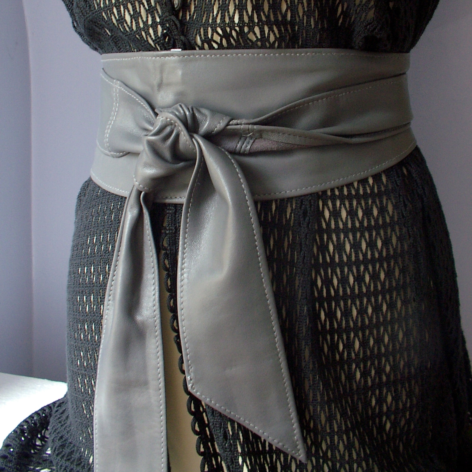Grey Leather Obi Belt – Handmade Wrap Belt