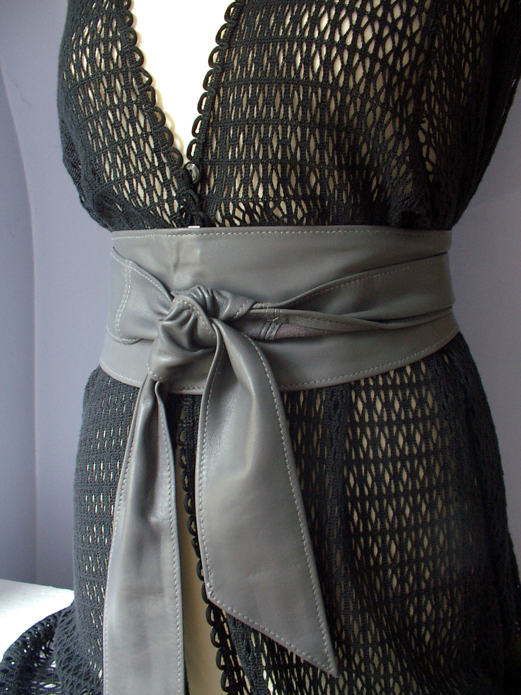 Grey Leather Obi Belt – Handmade Wrap Belt